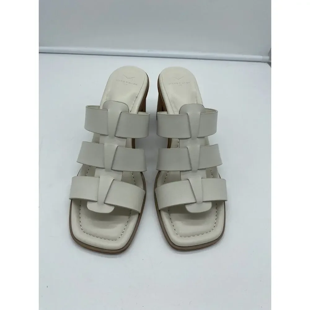 New Marc Fisher LTD Louisa Leather Block Heel Slip On Mules Woven Ivory Size 11M